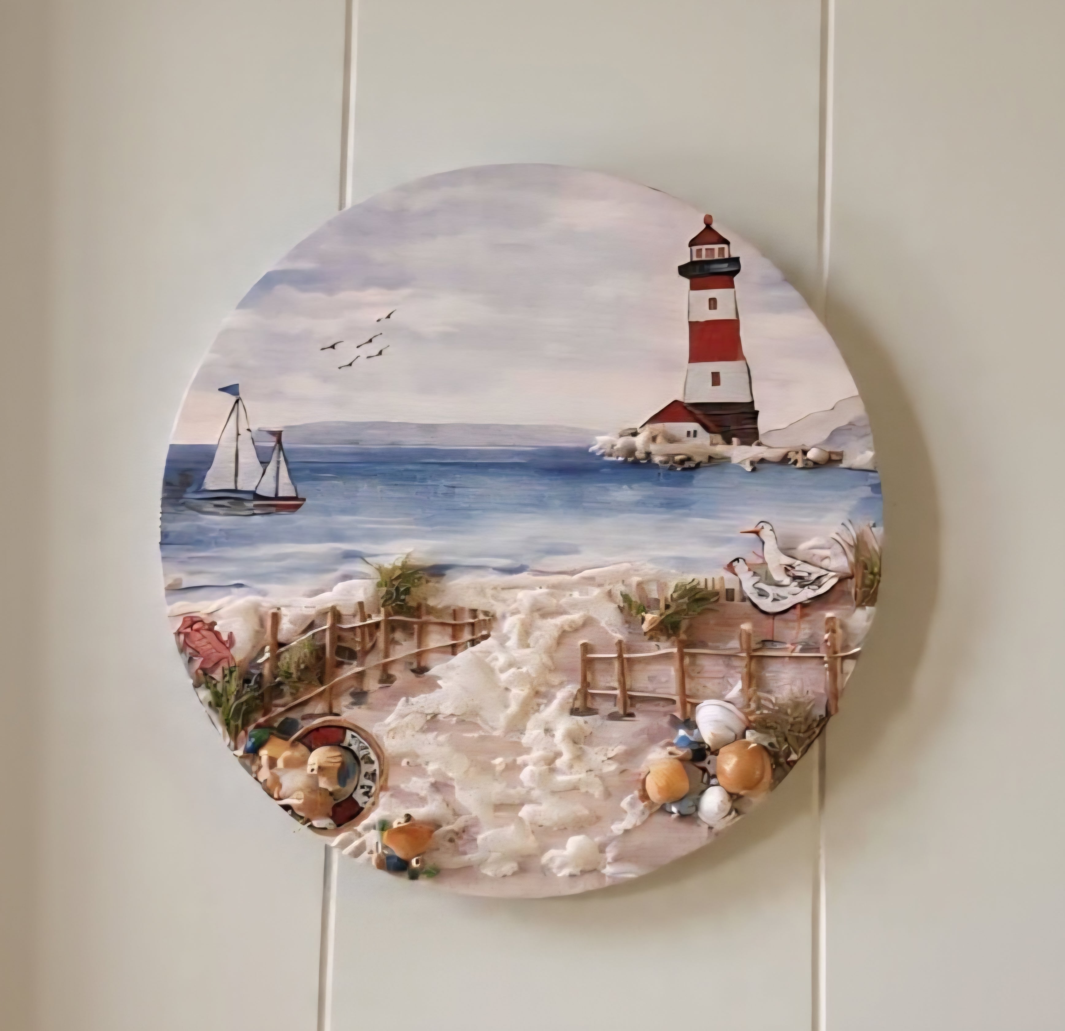 12" Lighthouse Door Hanger Nautical Sign - Handmade Coastal Wall Art Real Shells, Seaglass and Sand