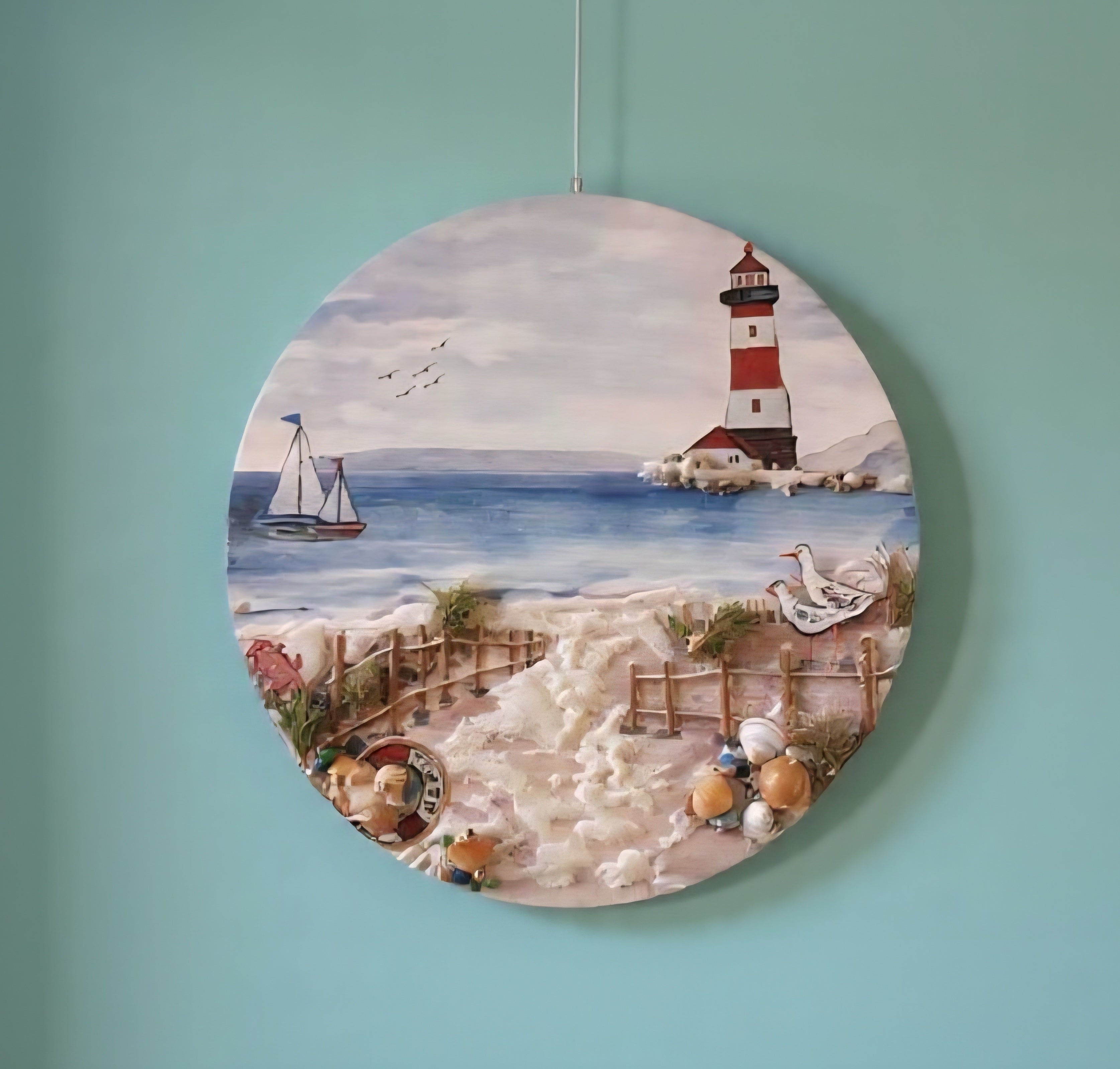 12" Lighthouse Door Hanger Nautical Sign - Handmade Coastal Wall Art Real Shells, Seaglass and Sand