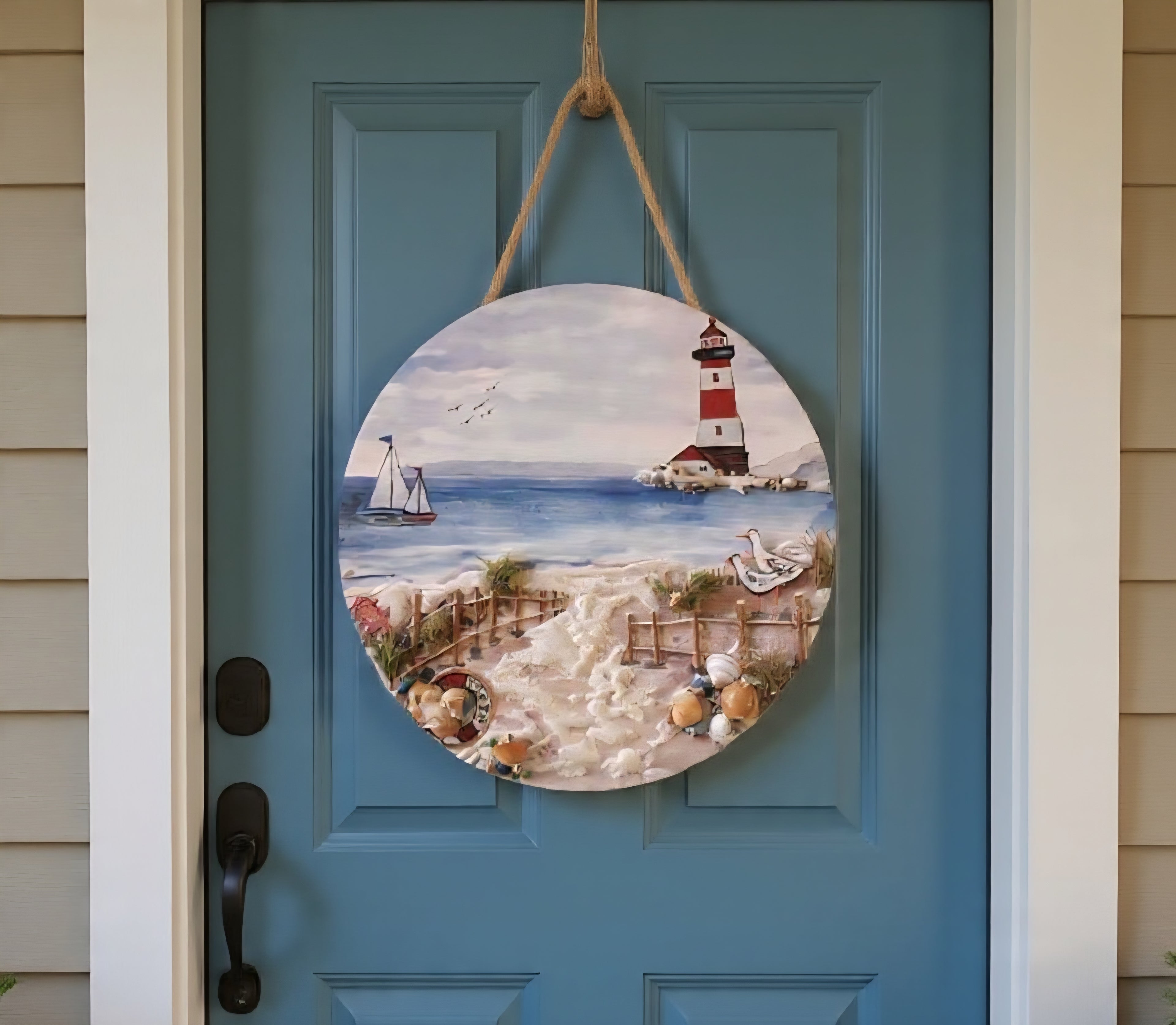 12" Lighthouse Door Hanger Nautical Sign - Handmade Coastal Wall Art Real Shells, Seaglass and Sand