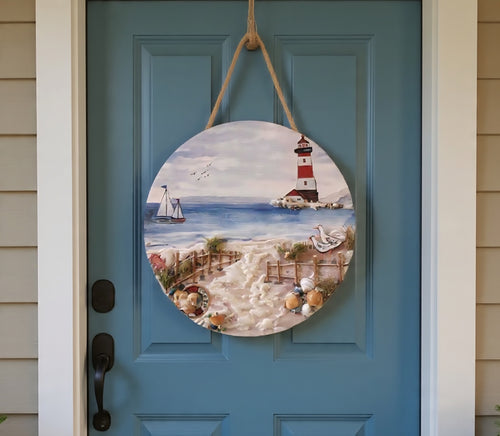 12" Lighthouse Door Hanger Nautical Sign - Handmade Coastal Wall Art Real Shells, Seaglass and Sand