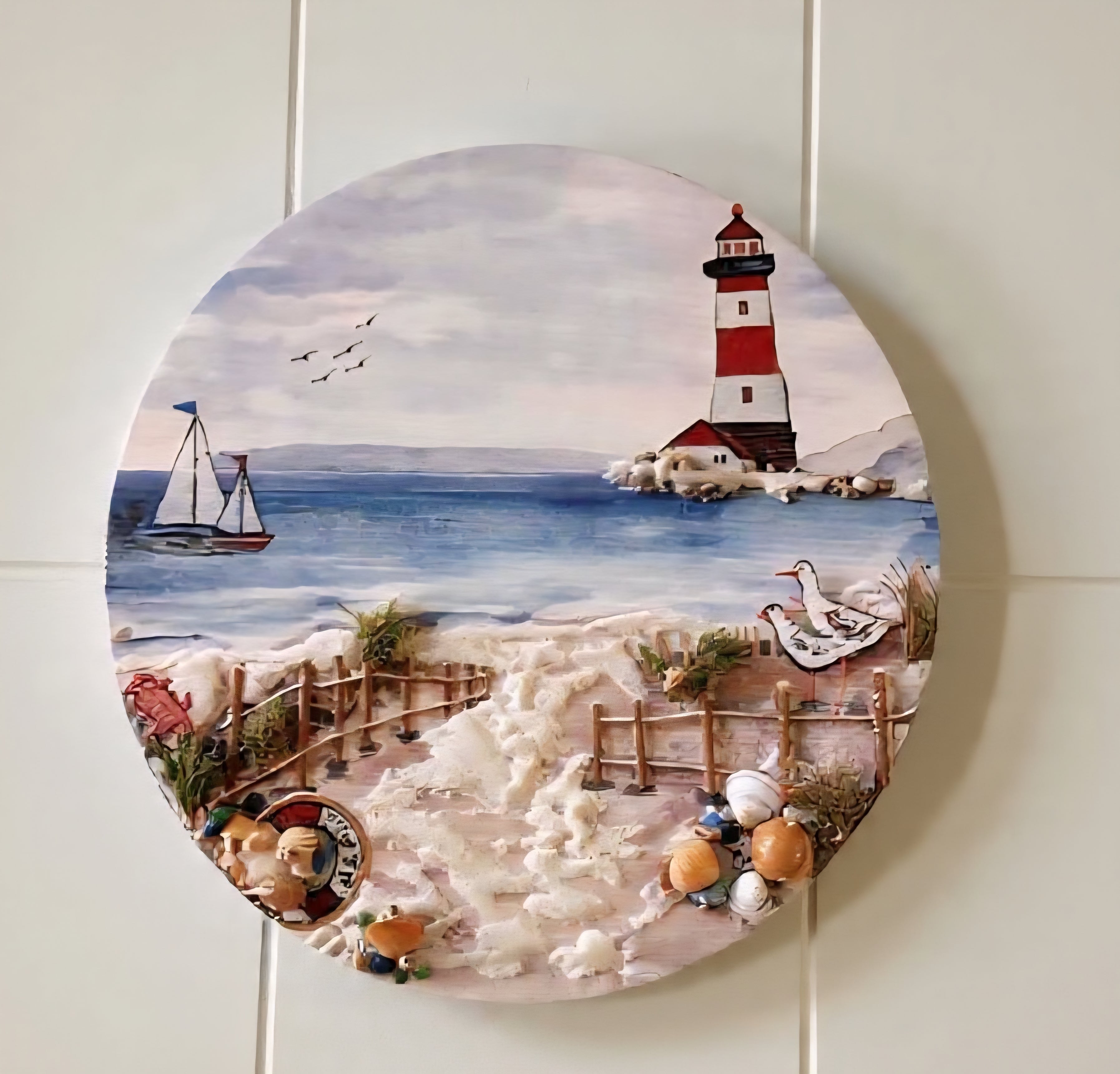 12" Lighthouse Door Hanger Nautical Sign - Handmade Coastal Wall Art Real Shells, Seaglass and Sand