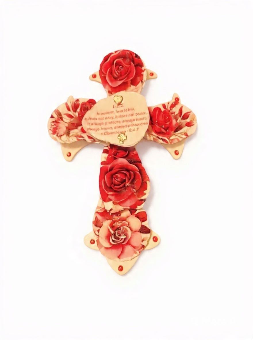 Handmade Oyster Shell Rose Cross – “Love is Patient” 1 Corinthians 13:4-7