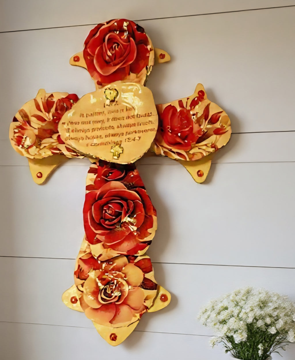 Handmade Oyster Shell Rose Cross – “Love is Patient” 1 Corinthians 13:4-7
