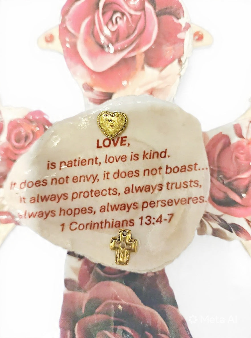 Handmade Oyster Shell Rose Cross – “Love is Patient” 1 Corinthians 13:4-7