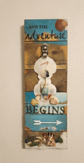 And The Adventure Begins Coastal Wood Hook Sign - Beach Shell Wall Hanger 6"x18"