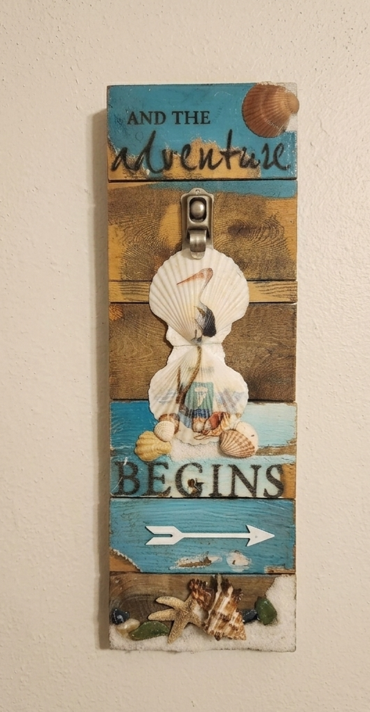 And The Adventure Begins Coastal Wood Hook Sign - Beach Shell Wall Hanger 6"x18"