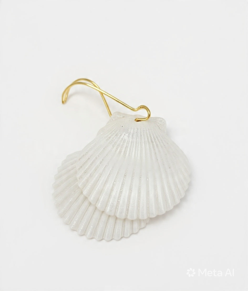 White Glitter Scallop Shell Earrings – Handmade Coastal Drop Earrings