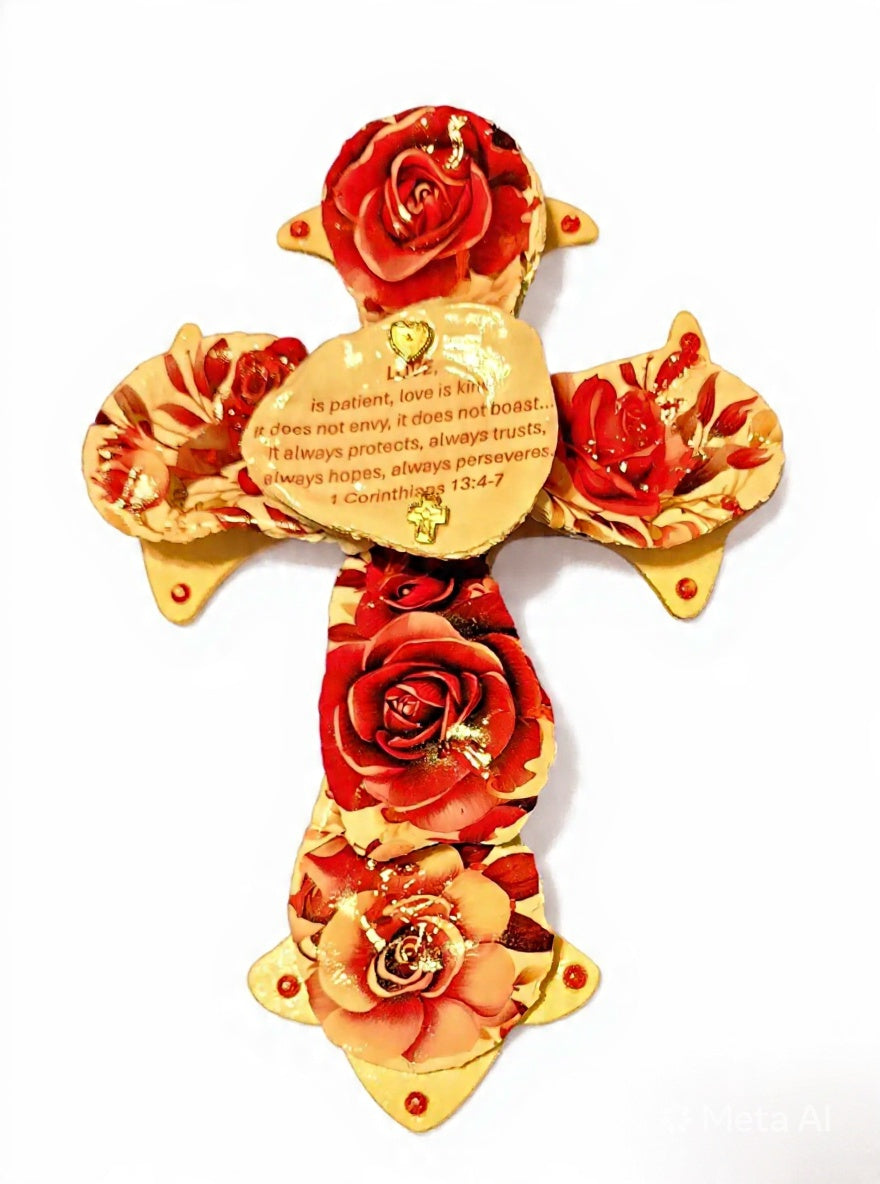 Handmade Oyster Shell Rose Cross – “Love is Patient” 1 Corinthians 13:4-7