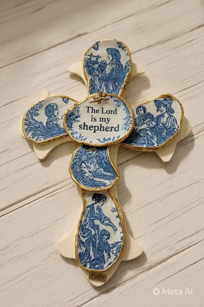 The Lord Is My Shepherd – Blue Toile Oyster Shell Cross with Gold Trim