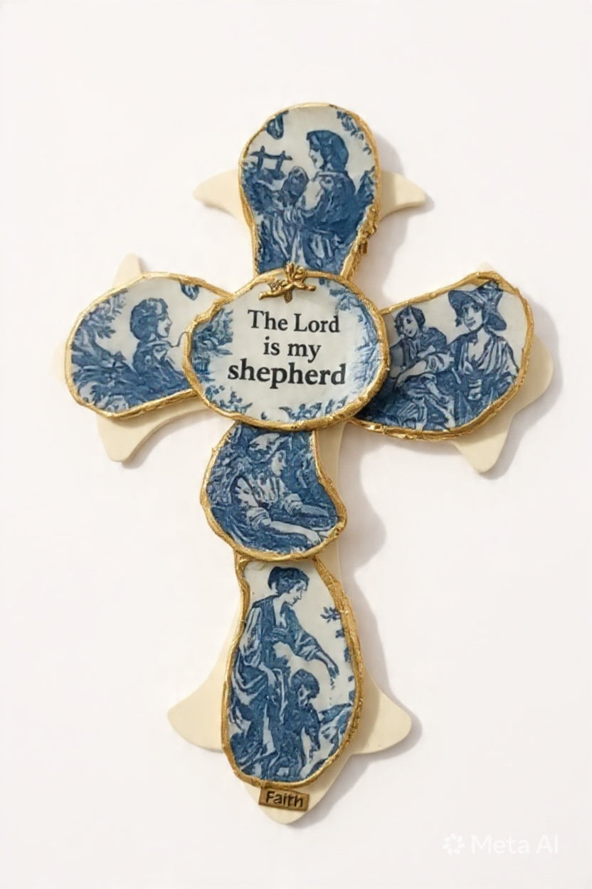 The Lord Is My Shepherd – Blue Toile Oyster Shell Cross with Gold Trim
