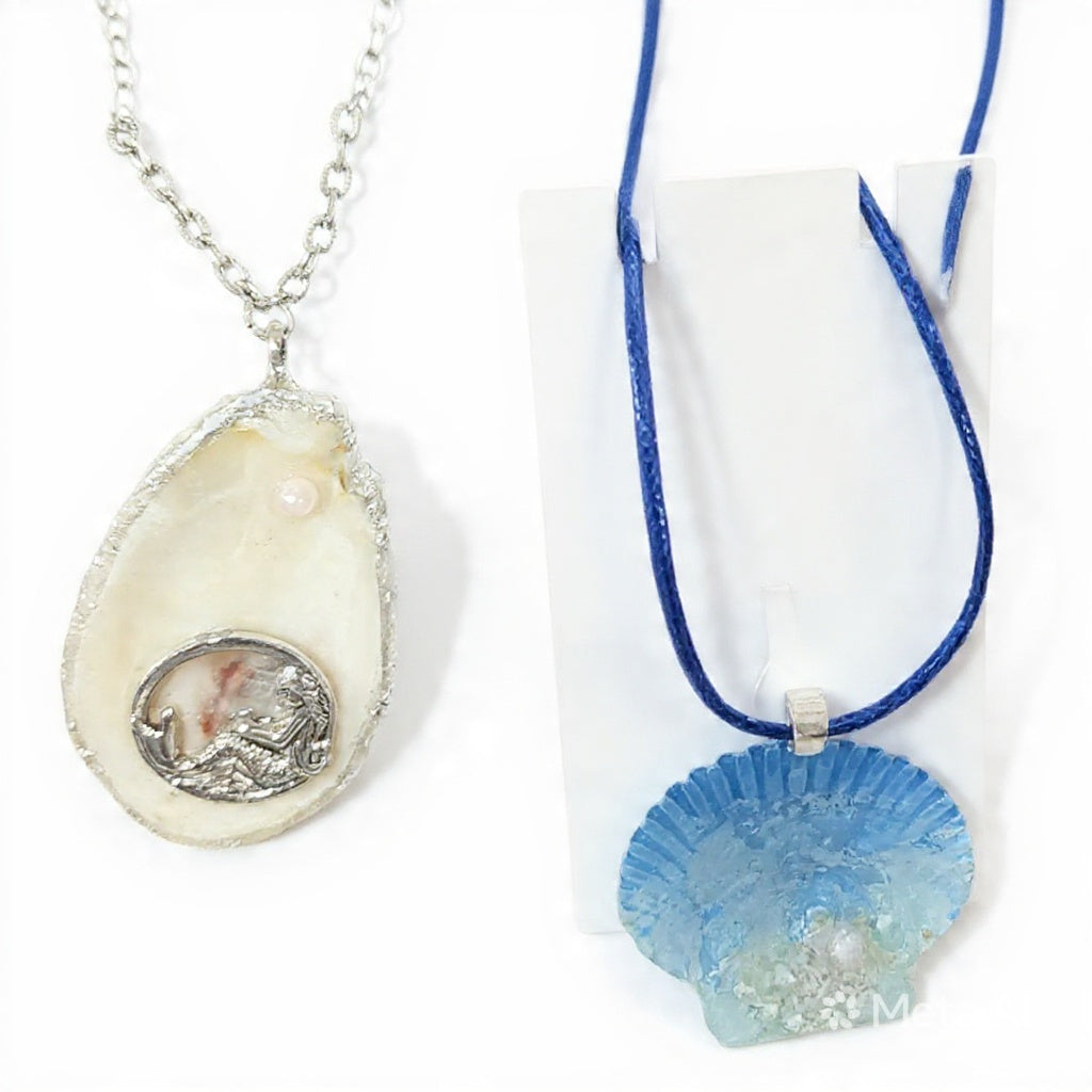 Ocean Wave Resin Shell Necklace – Handmade Blue Coastal Pendant on Aqua Cord